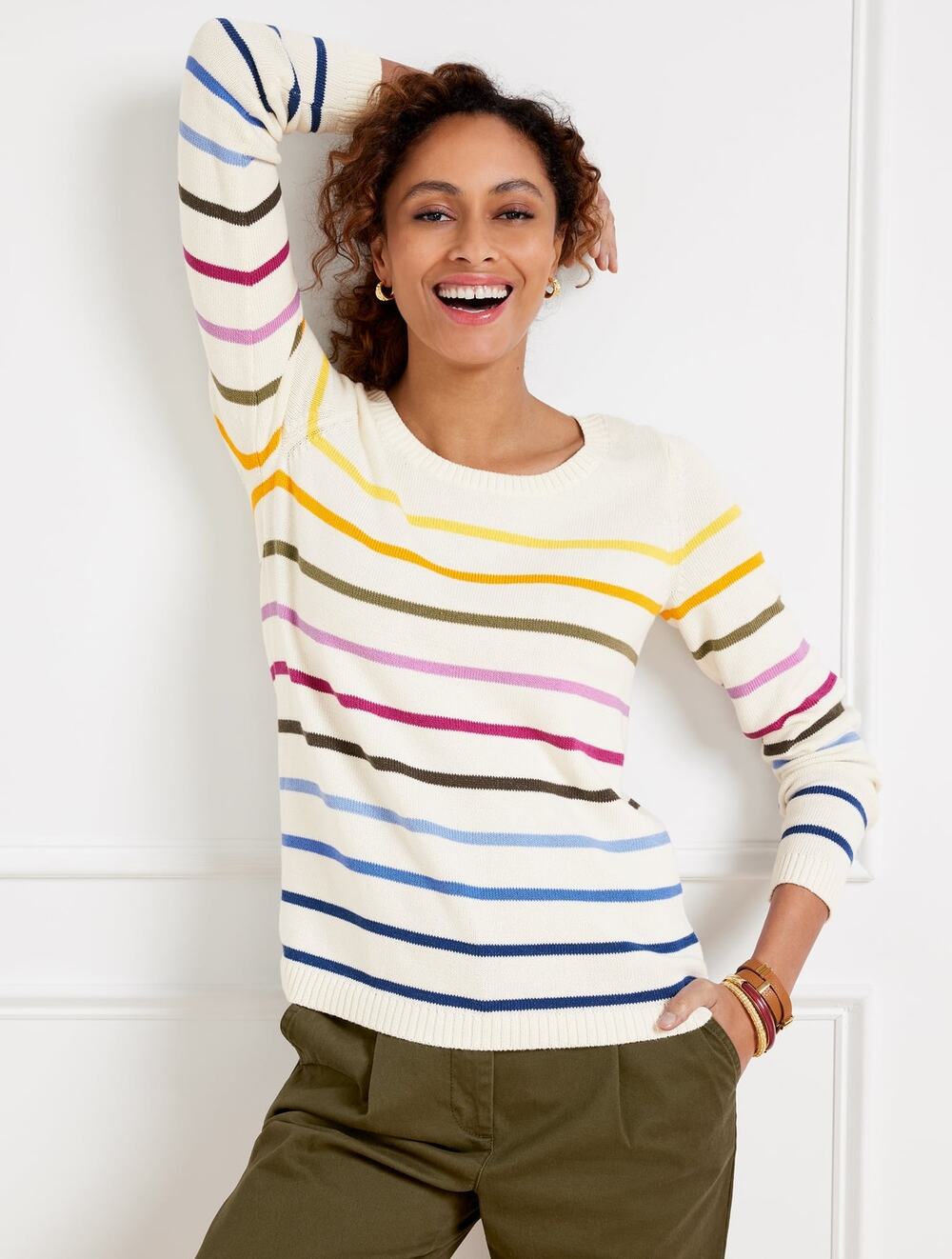 Talbots scoop neck pullover SWEATER METALLIC STRIPE white rainbow large petite